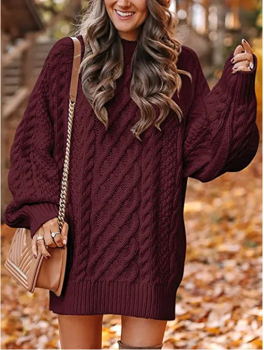 Wine red cable knit sweater dress close up