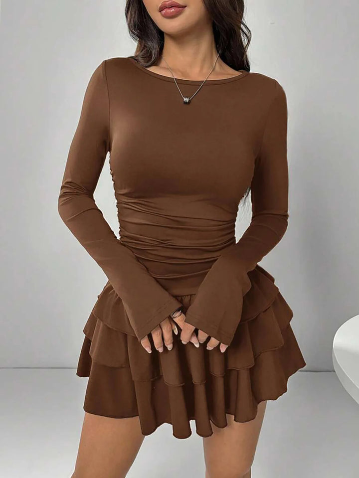 Coffee brown tiered ruffle mini dress with flared sleeves, front view
