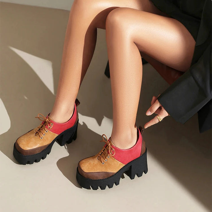 Brown and red color block platform shoe on model