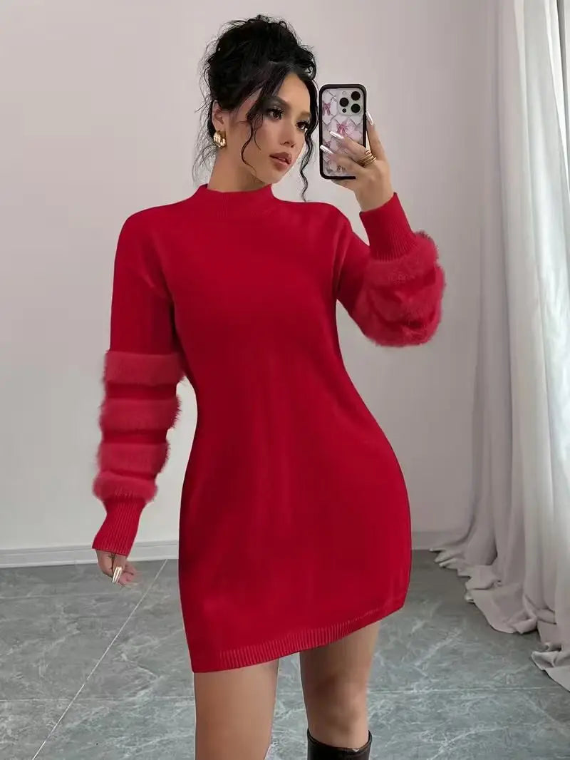 Red mock neck sweater dress with fuzzy sleeve detail