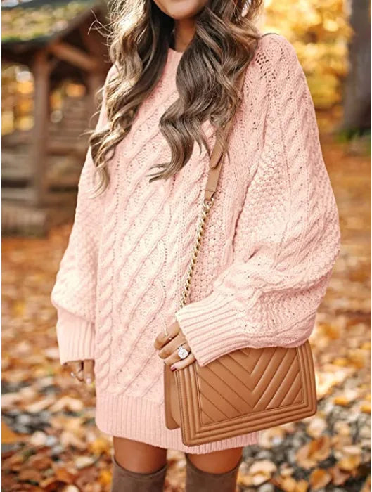 Pink cable knit sweater dress close up