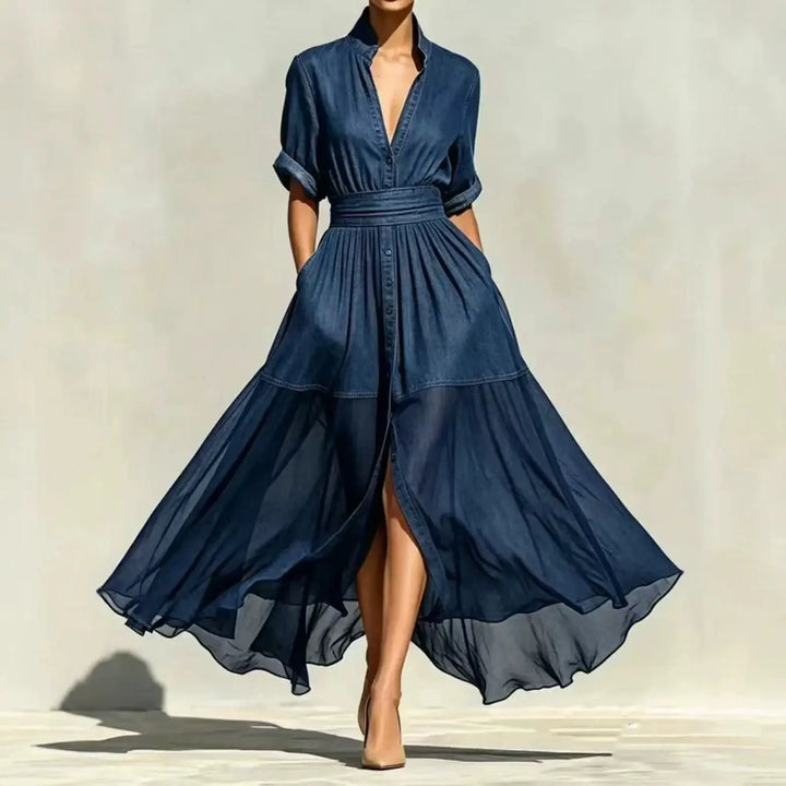 Elodie Chiffon Denim Maxi Dress