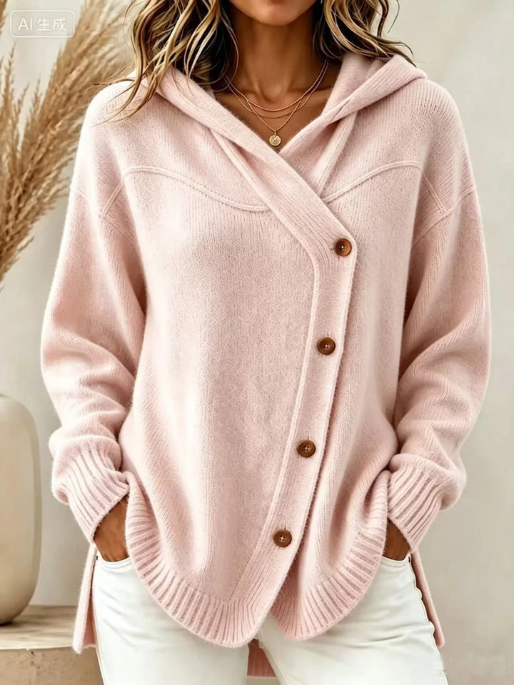 Pink hooded knit cardigan with asymmetric button placket