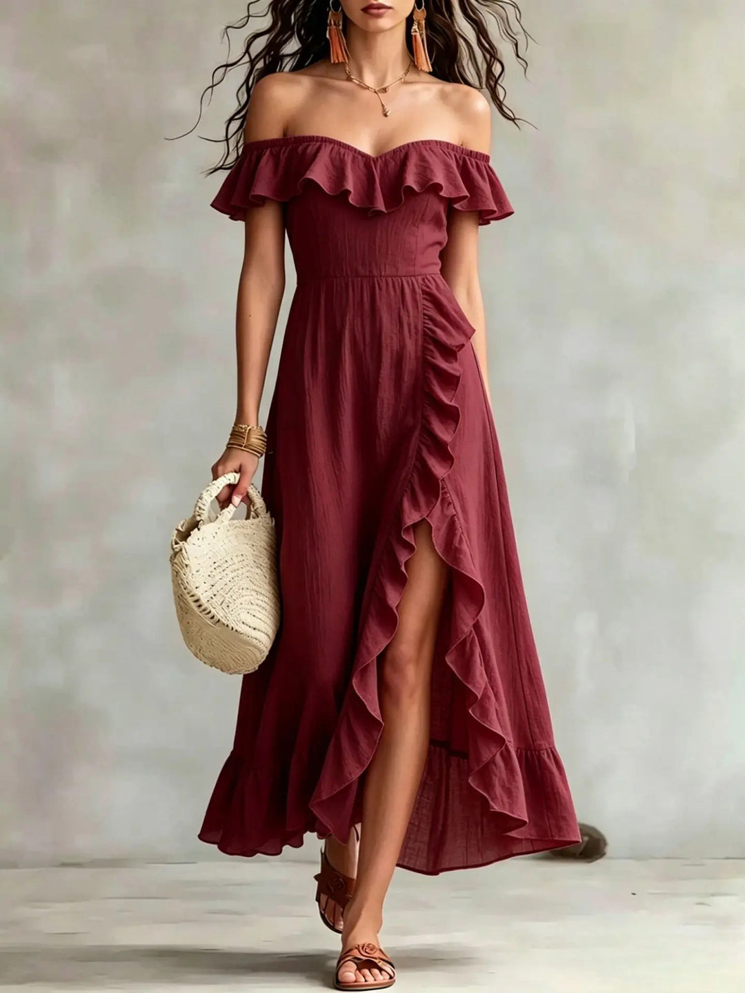 Arabella Off Shoulder Split Hem Maxi Dress