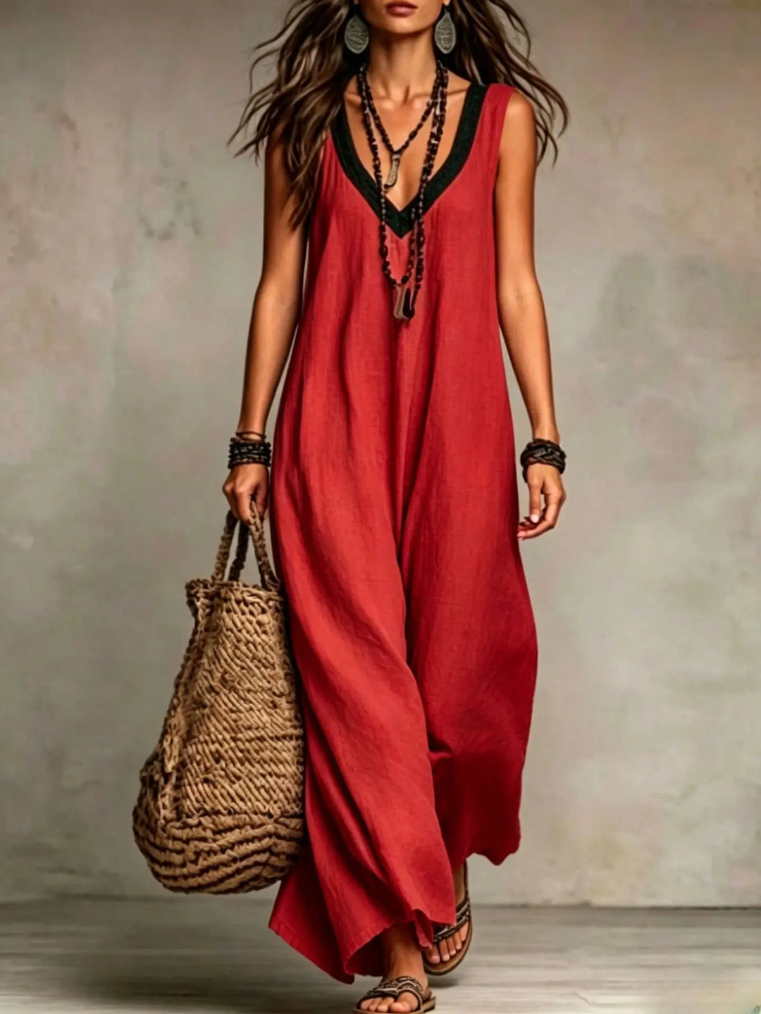 Zara Bohemian V Neck Sleeveless Cotton Linen Maxi Dress