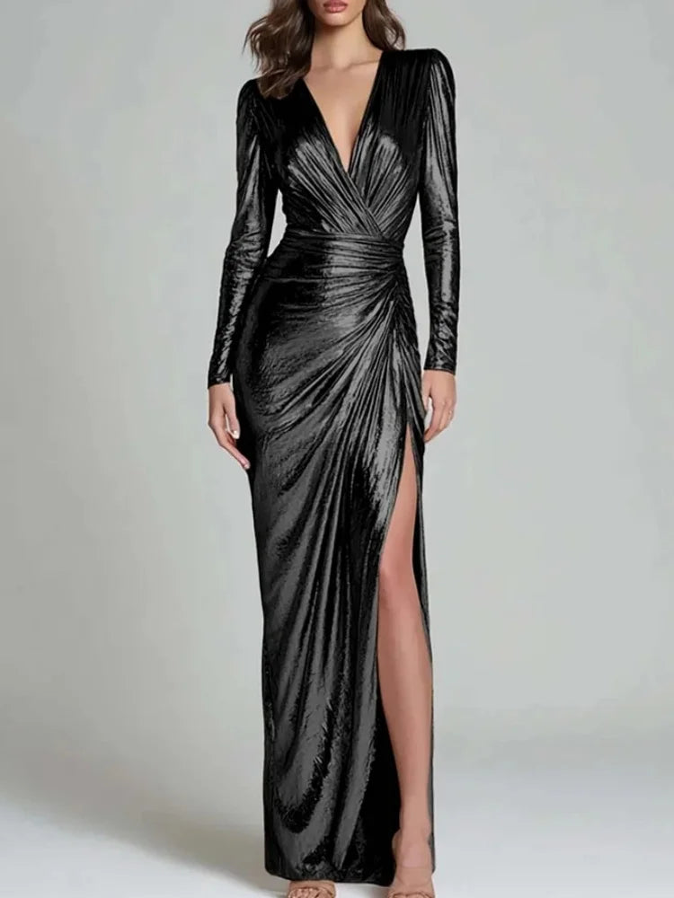 Black metallic ruched wrap maxi dress with deep V-neck and side slit