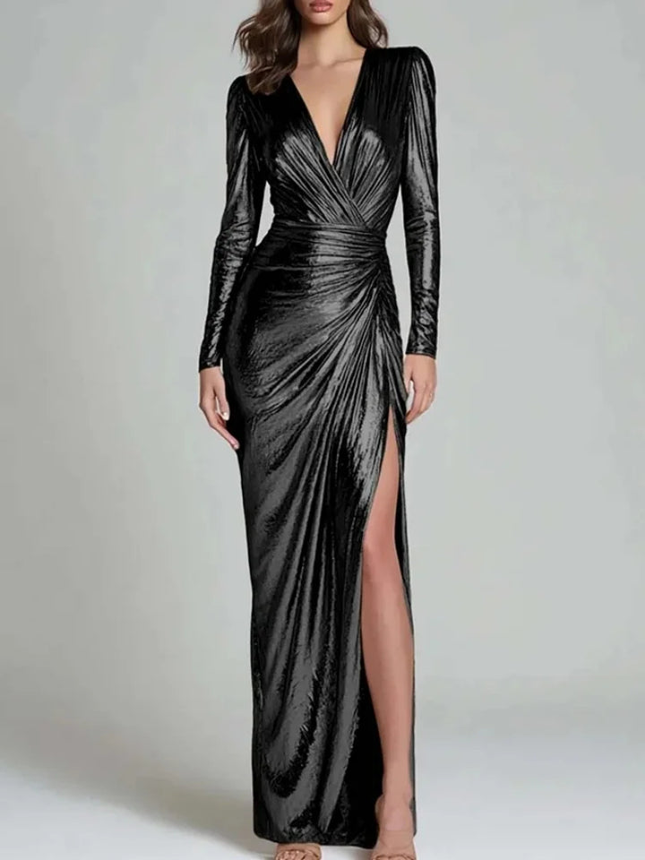Black metallic ruched wrap maxi dress with deep V-neck and side slit