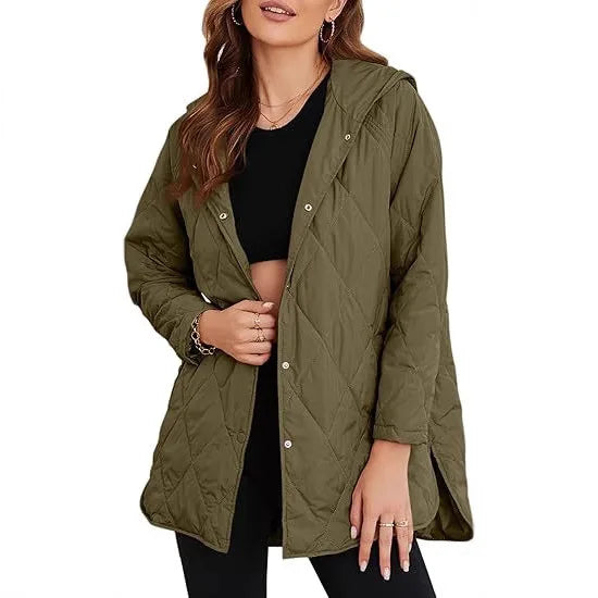 Woman wearing army green quilted hooded jacket, front view open