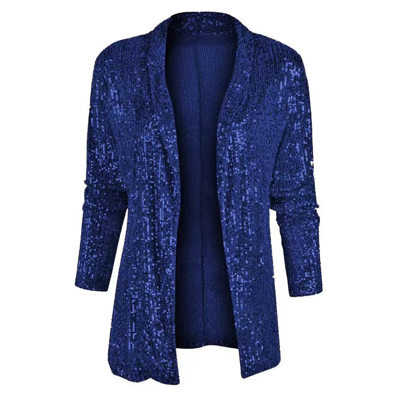 Blue sequin open-front cardigan jacket, front view