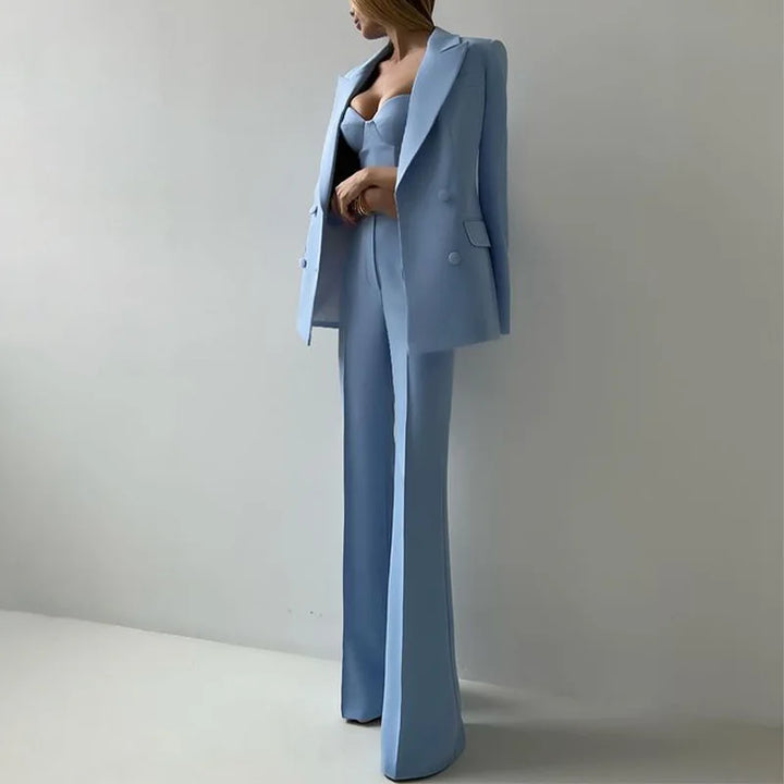 Side view of light blue blazer and trouser set