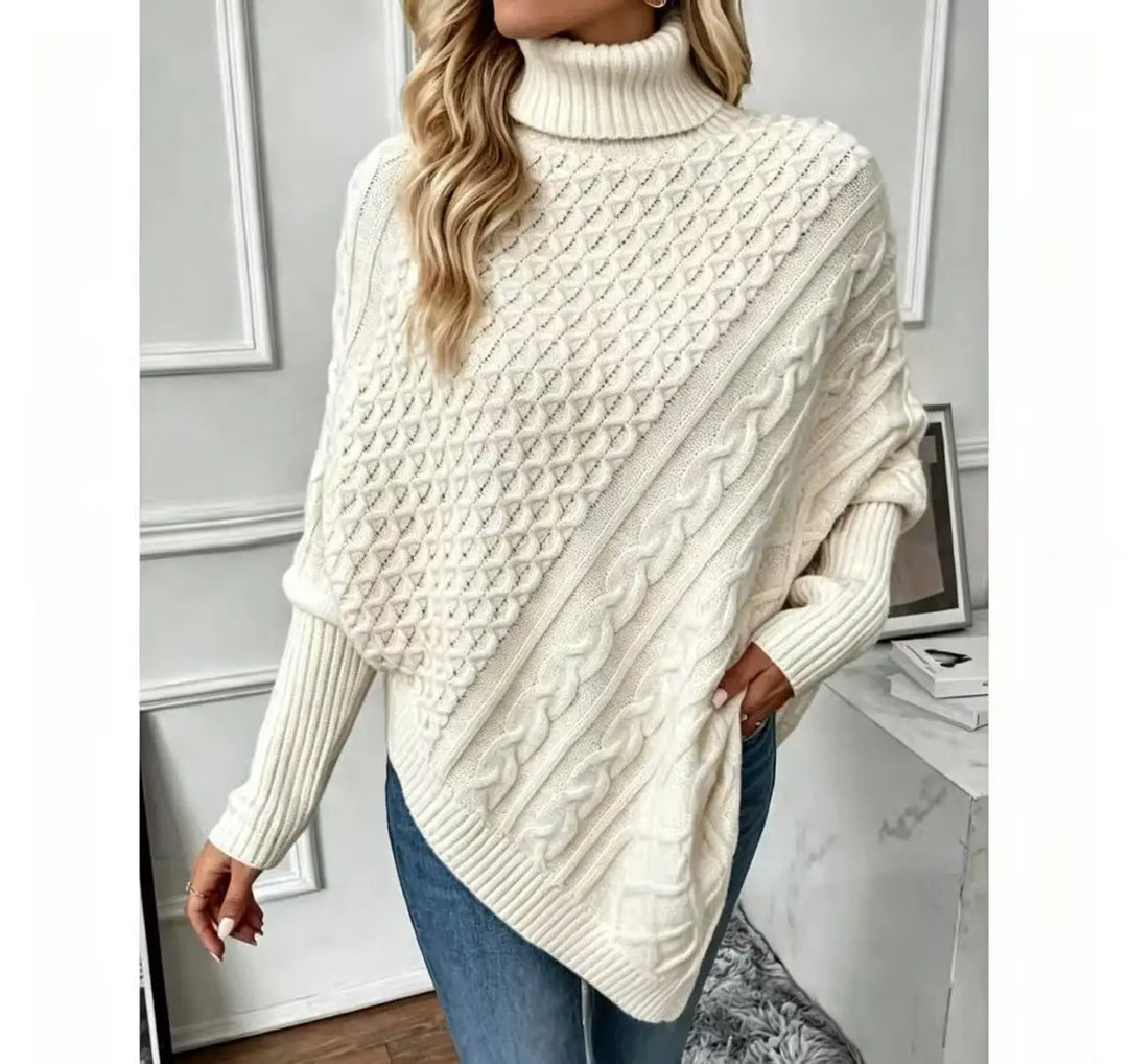 Apricot cable knit poncho sweater, front view