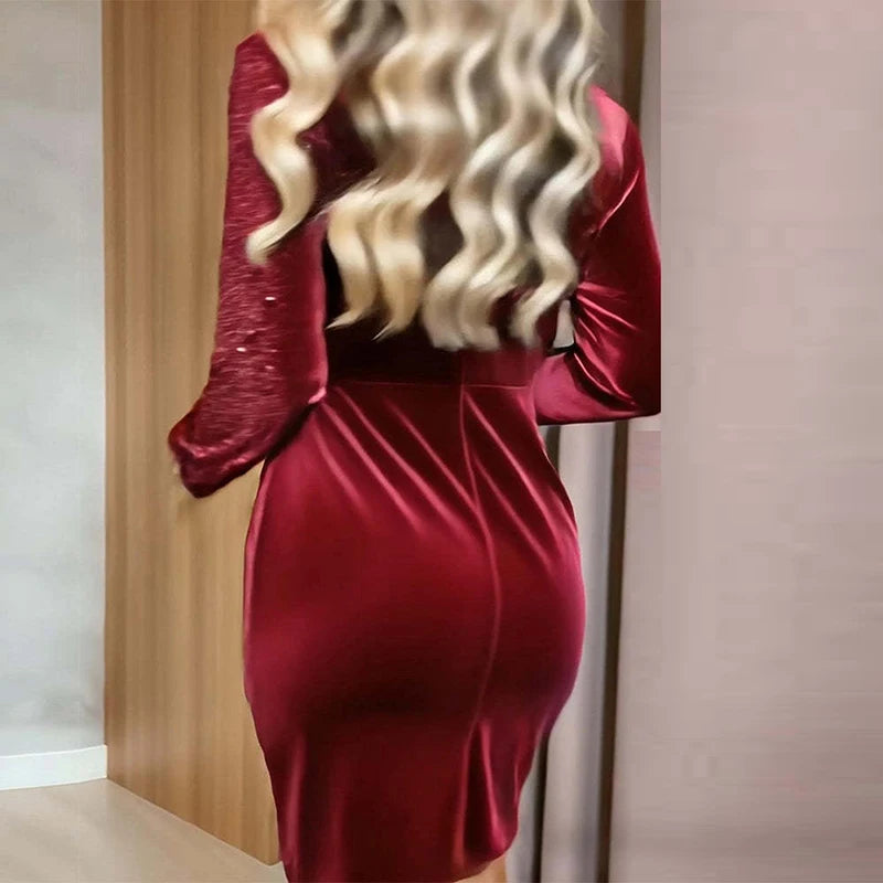 Red velvet sequin dress, back view