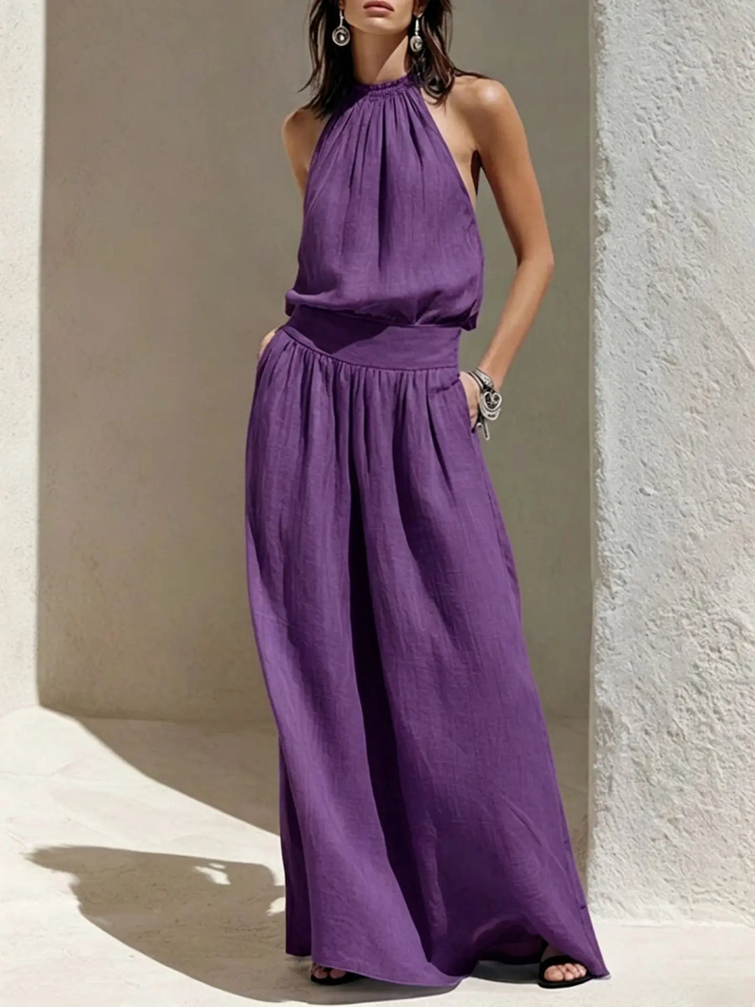 Lacey Halter Ruched Maxi Dress