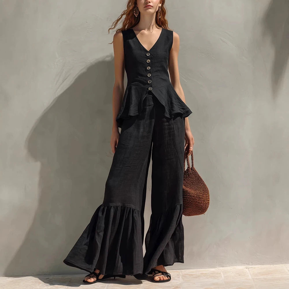 Eleanor Sleeveless Ruffle Trim Wide Leg Pants Set