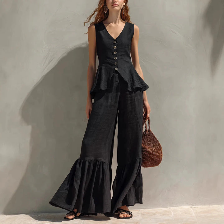 Eleanor Sleeveless Ruffle Trim Wide Leg Pants Set