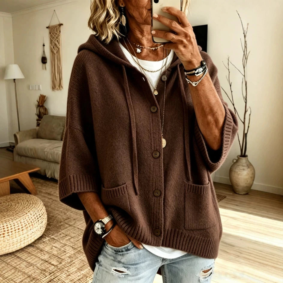 Woman wearing brown hooded button-front knit cardigan