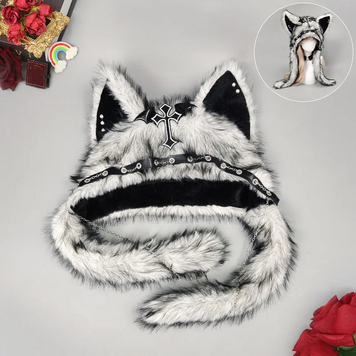 Gray and white faux fur cat ear hat laid flat with fur tails