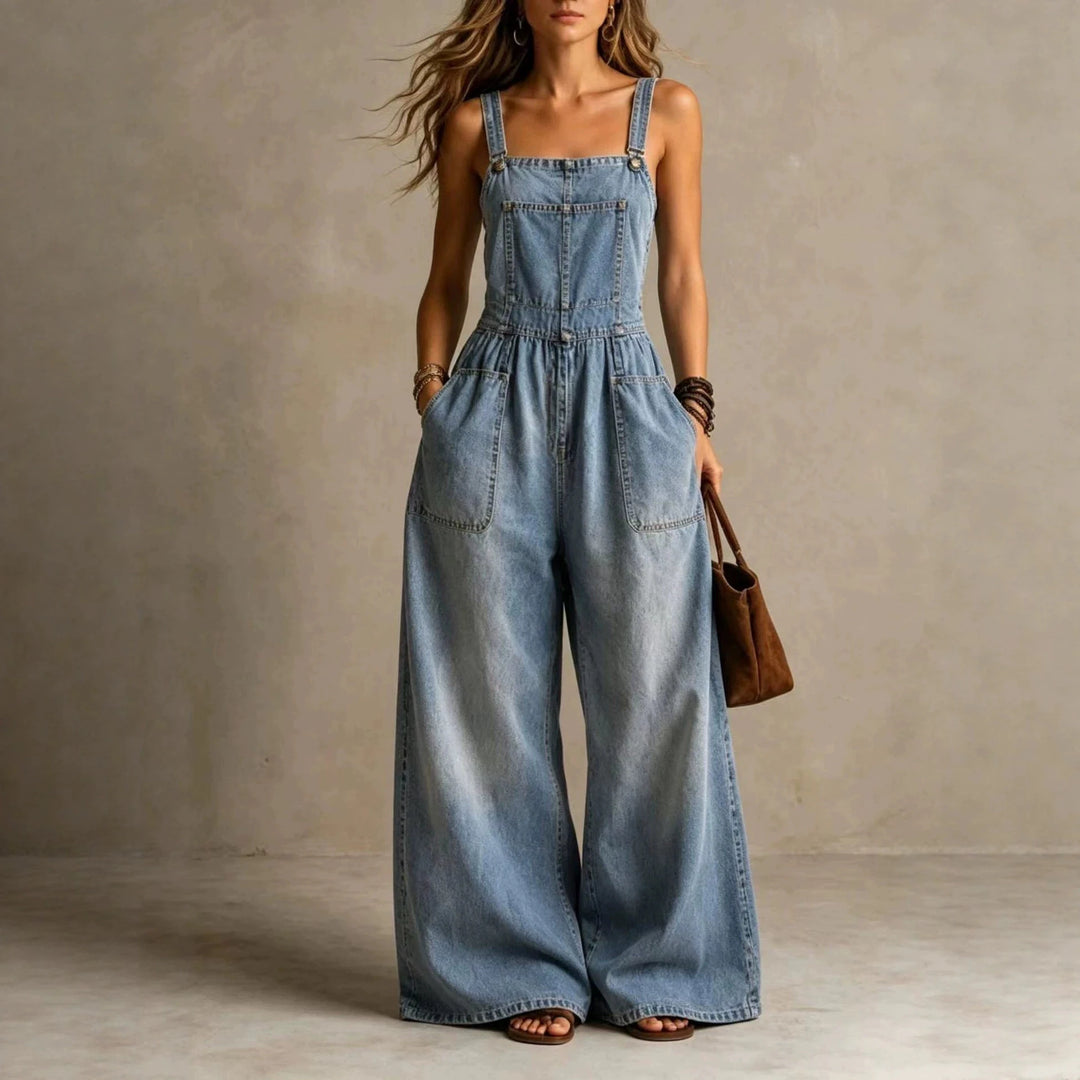 Casey Wide Leg Denim Overall Jumpsuit