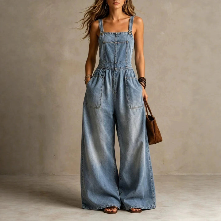 Casey Wide Leg Denim Overall Jumpsuit
