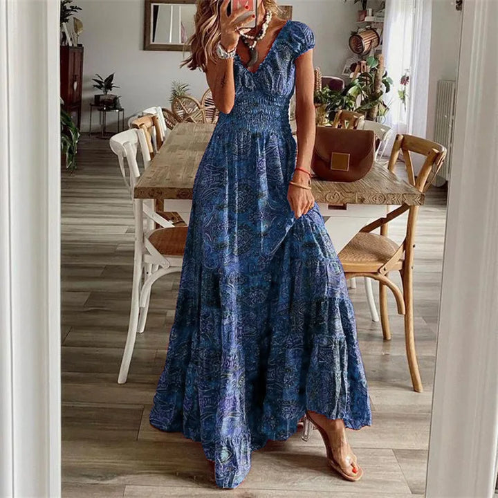 Lyra Bohemian Printed Petal Sleeve Maxi Dress