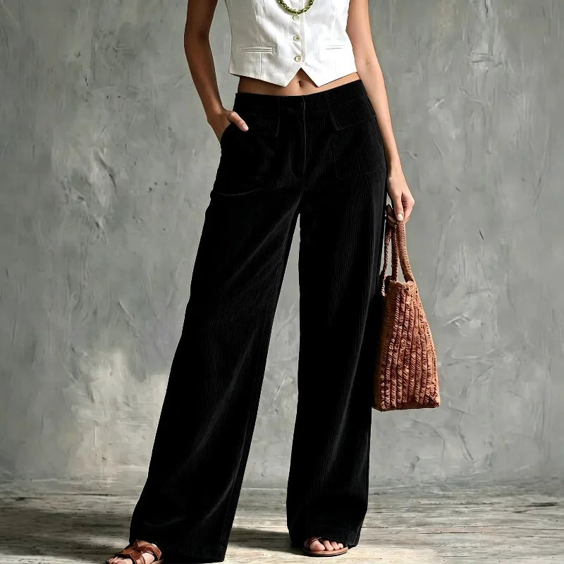 Black corduroy wide leg pants front view