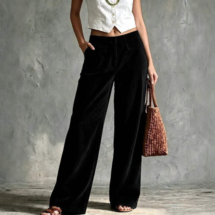 Black corduroy wide leg pants front view