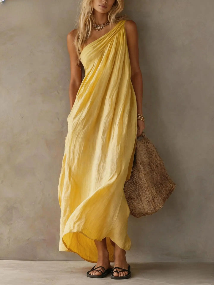 Celine One Shoulder Linen Maxi Dress