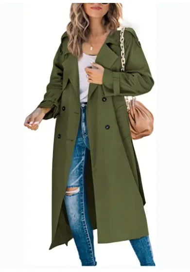 Woman wearing army green double breasted trench coat
