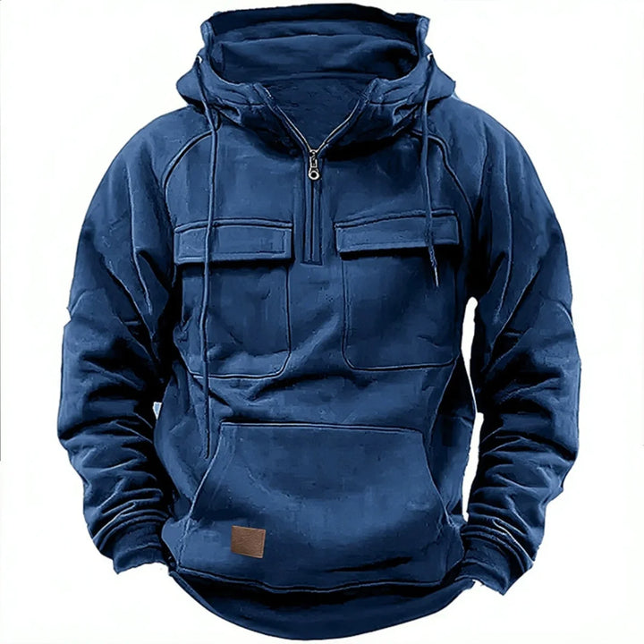 Navy blue quarter zip hoodie with flap chest pockets, front view