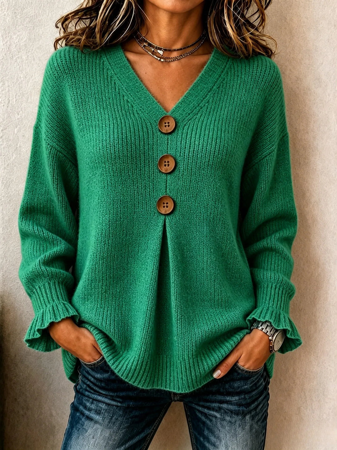 Green ribbed knit sweater with wood button placket, front view