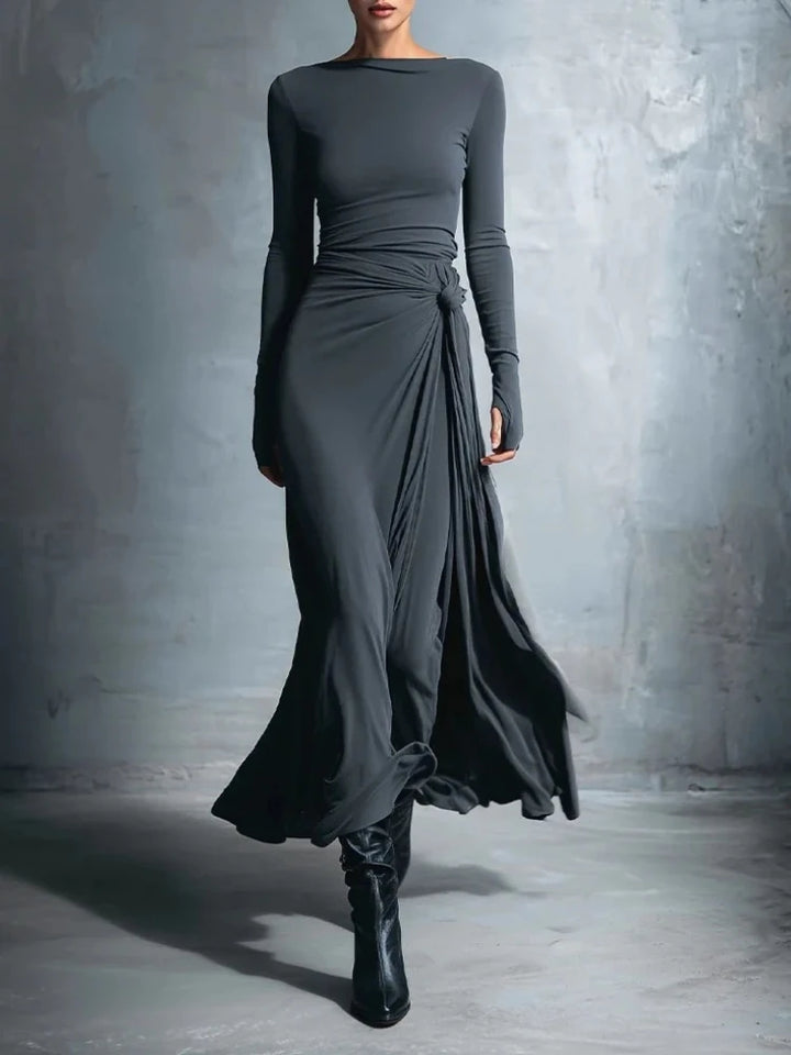 Dark grey twisted knot maxi dress front view
