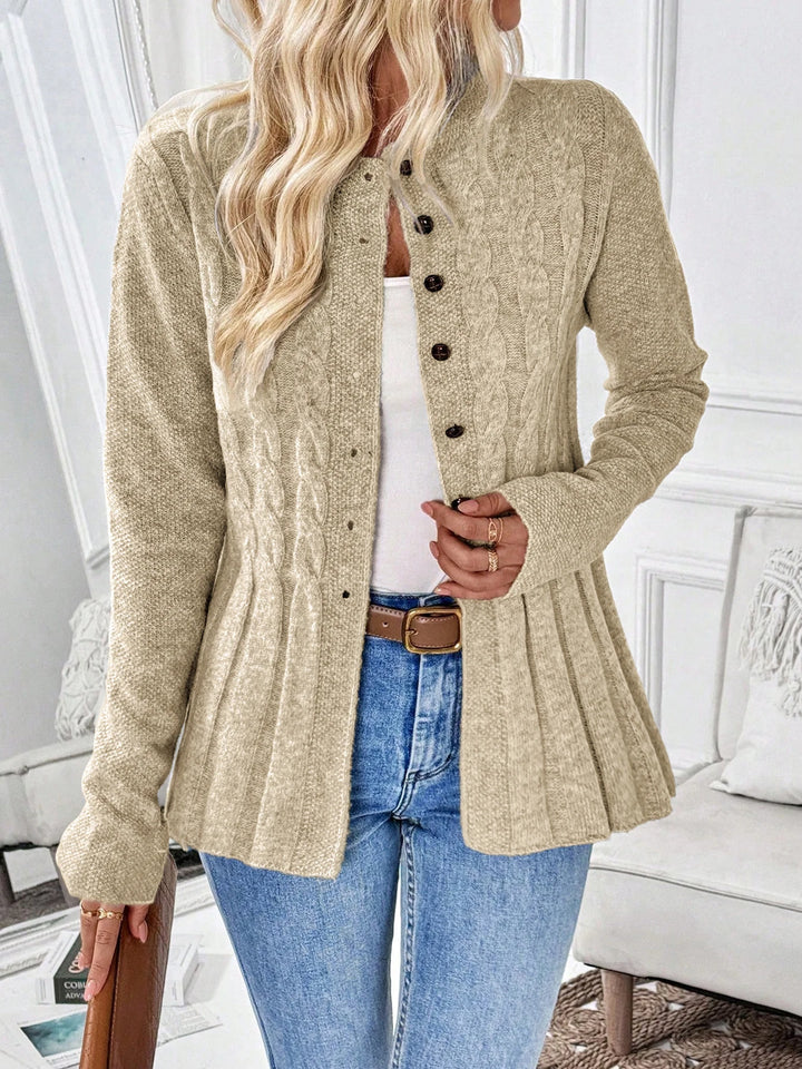 Woman wearing khaki cable knit peplum cardigan front view