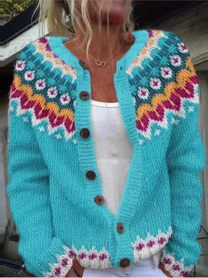 Lake blue Fair Isle patterned cardigan with wood buttons