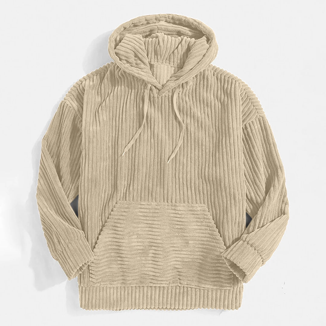 Beige corduroy hoodie front flat lay