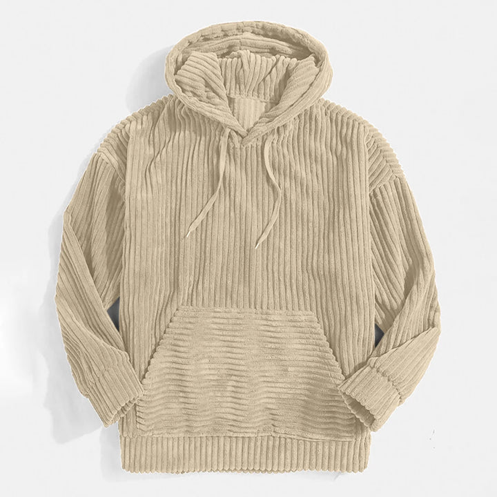Beige corduroy hoodie front flat lay