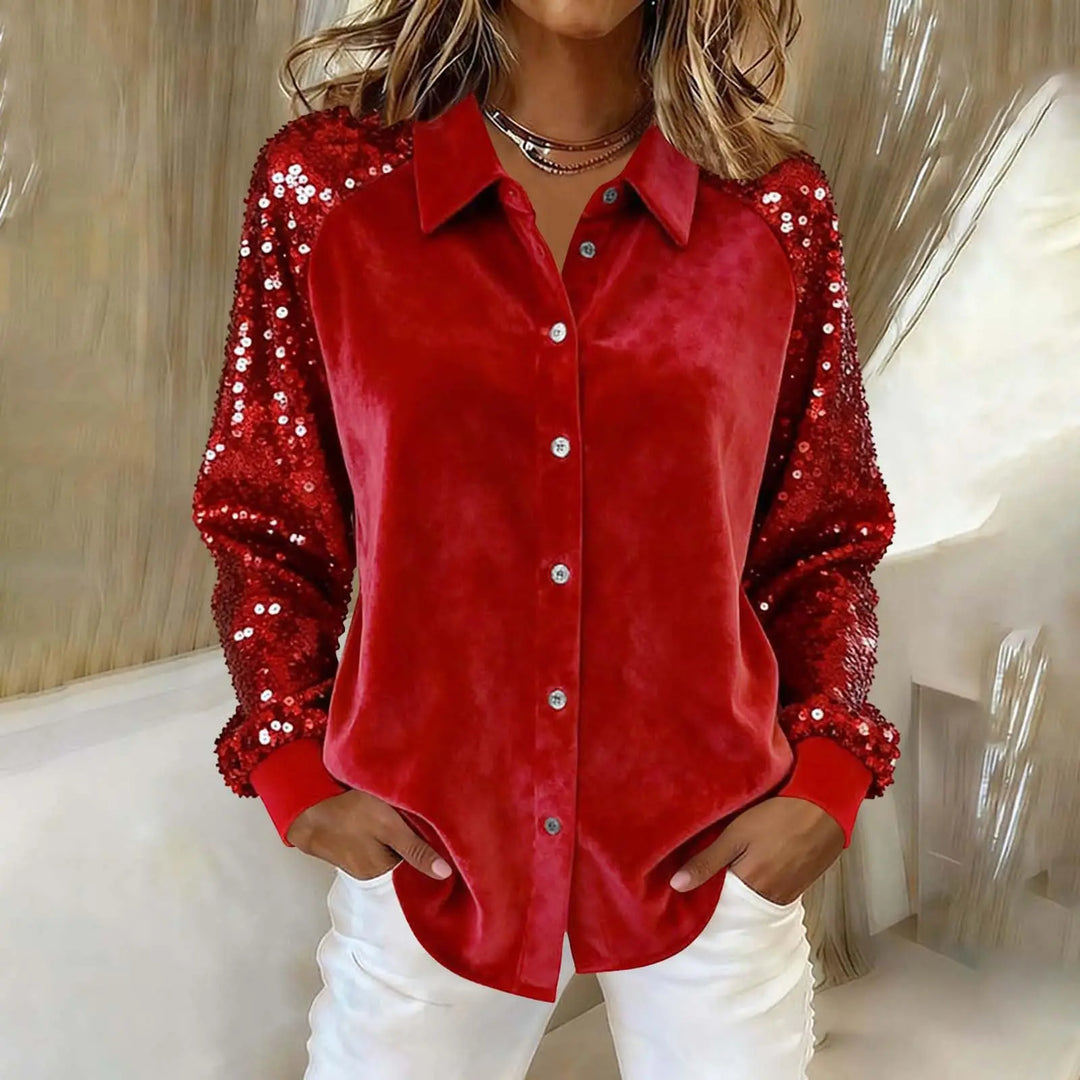Red velvet blouse with sequined sleeves, front view