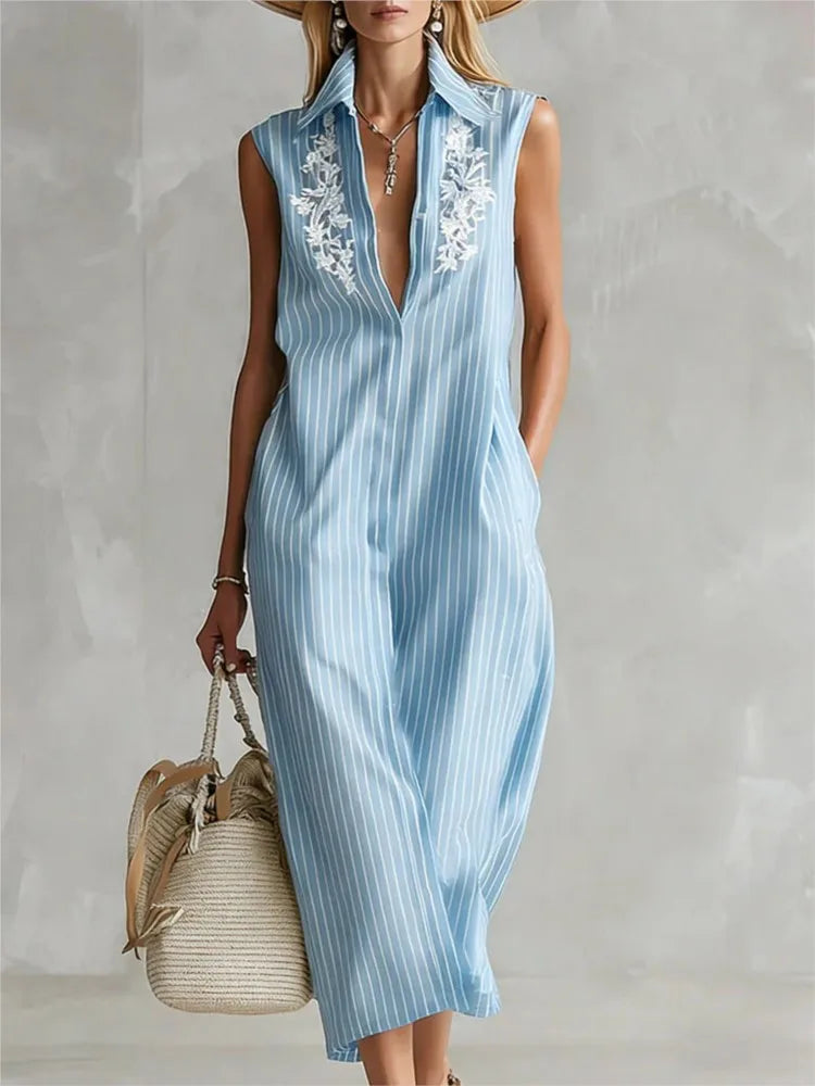 Rona Striped V Neck Midi Shirt Dress