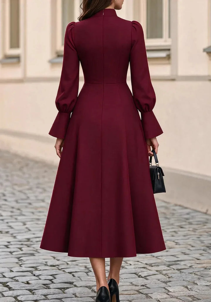 Burgundy midi dress, back view showing zip closure