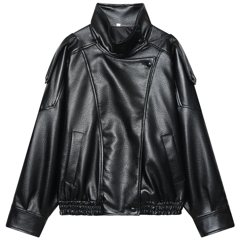 Black leather bomber jacket with asymmetric zip front, laid flat
