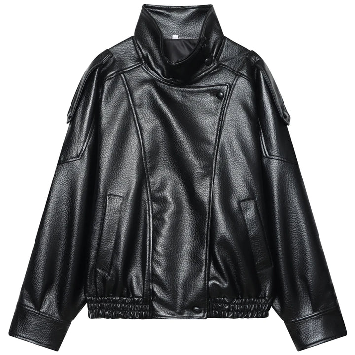 Black leather bomber jacket with asymmetric zip front, laid flat