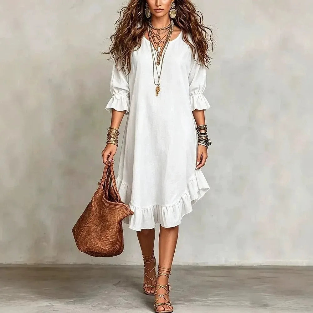 Josette Ruffle Half Sleeve V Neck Midi Dress