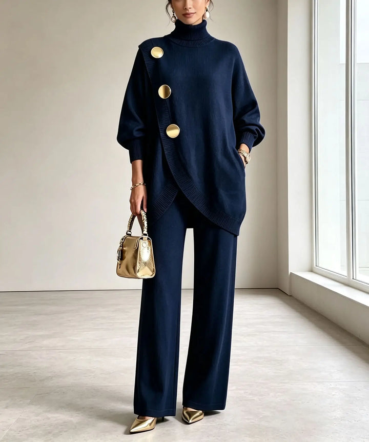 Navy blue asymmetric wrap sweater and wide leg pants set, front view
