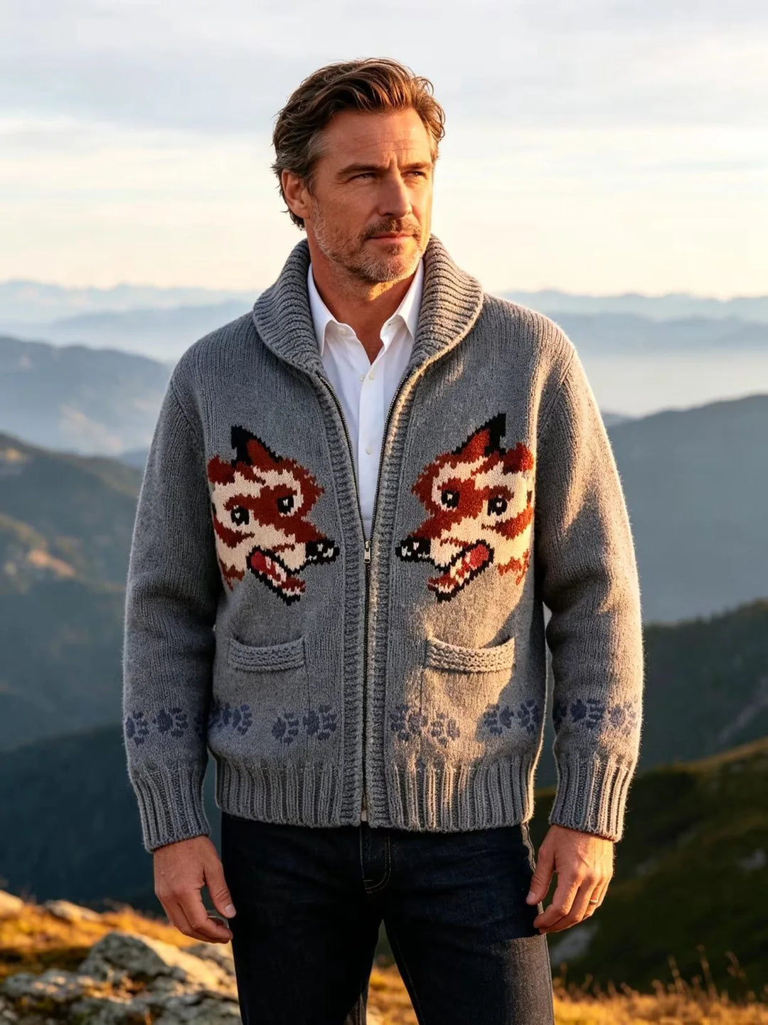 Man wearing gray fox graphic zip-front knit cardigan outdoors