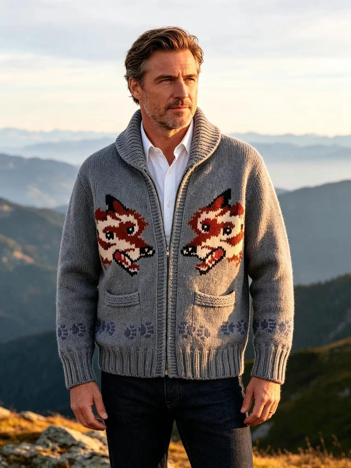 Man wearing gray fox graphic zip-front knit cardigan outdoors