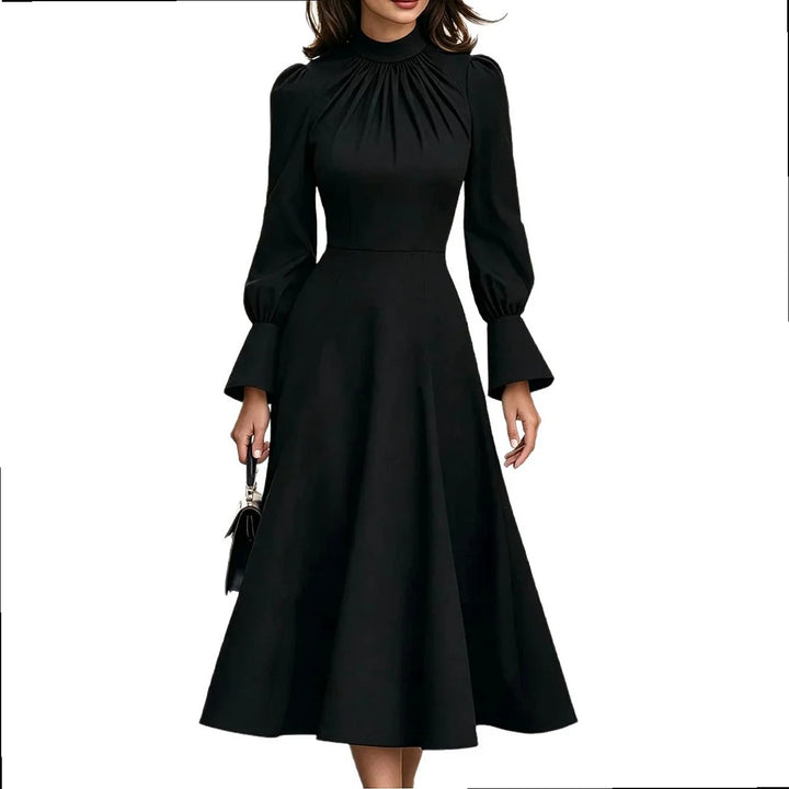 Black mock neck midi dress with flared cuff sleeves, front view