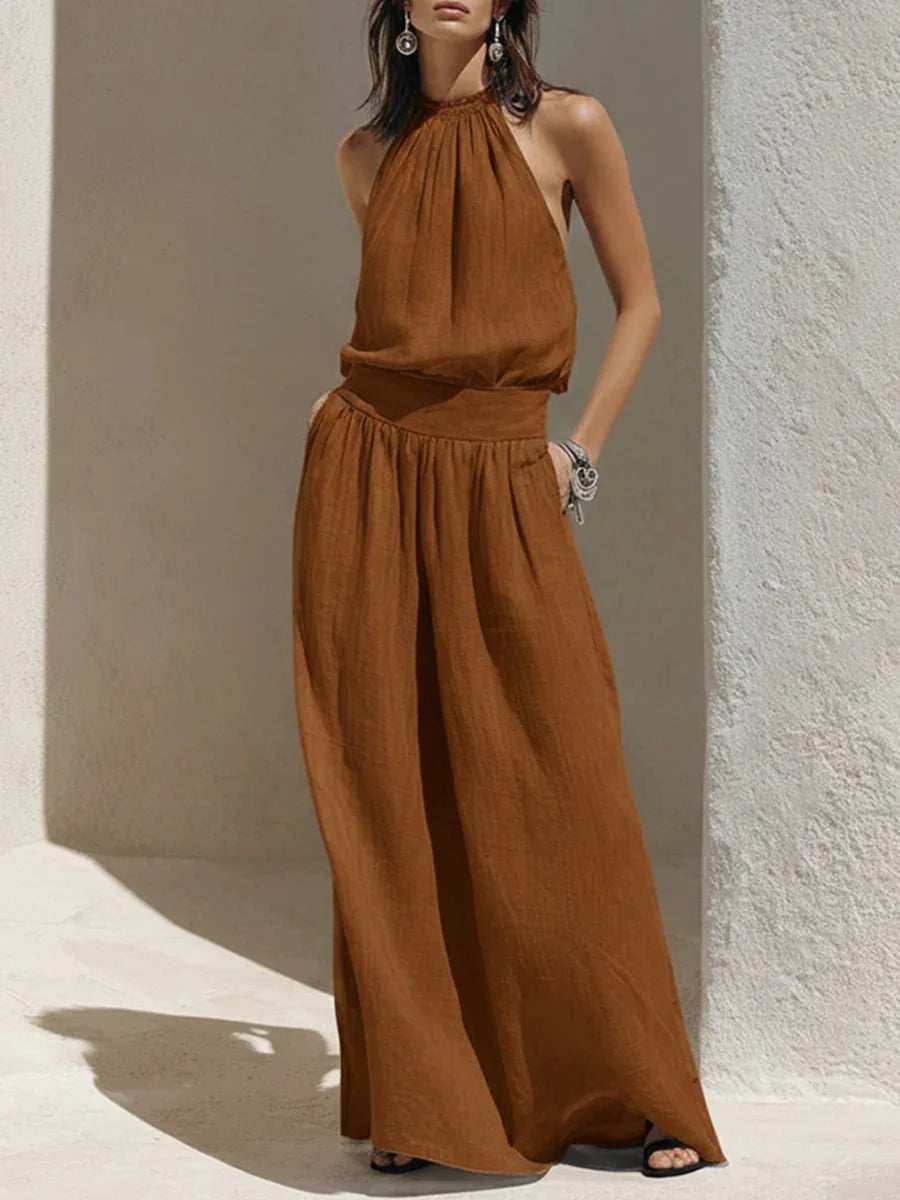 Lacey Halter Ruched Maxi Dress