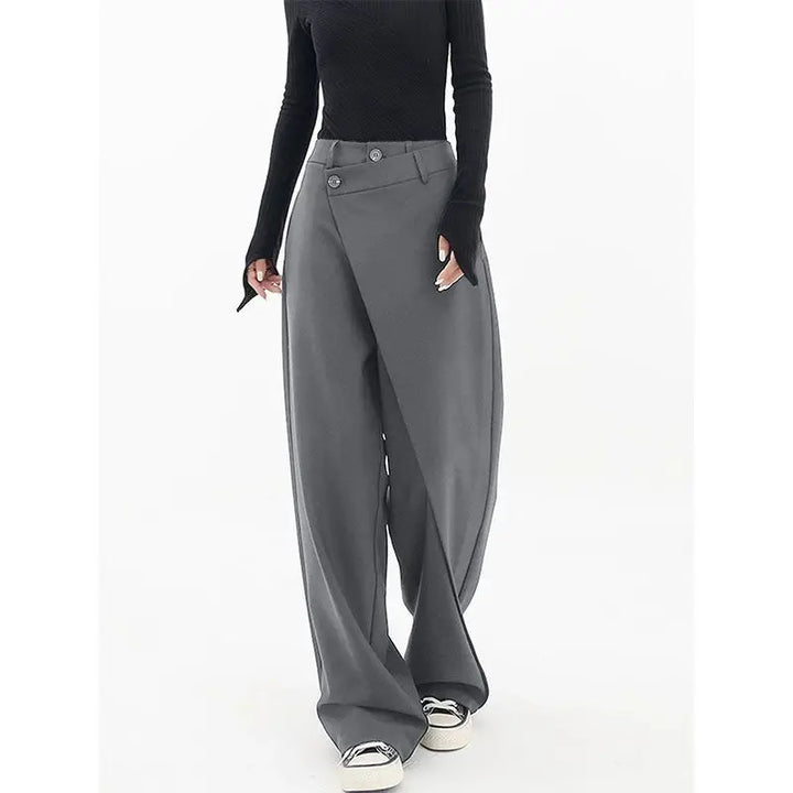 Grey wide leg trousers full length with sneakers