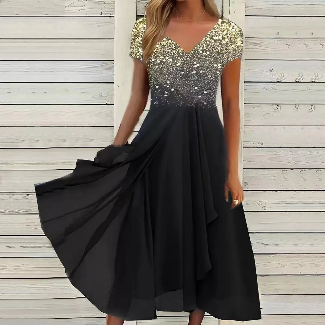 Cecilia Lace Patchwork Short Sleeve Chiffon Midi Dress
