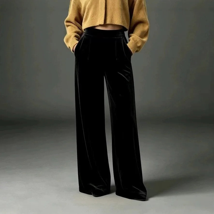 Black velvet wide leg pants, front view