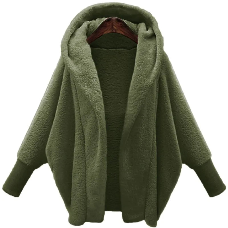 Army green hooded fleece coat with batwing sleeves, front view